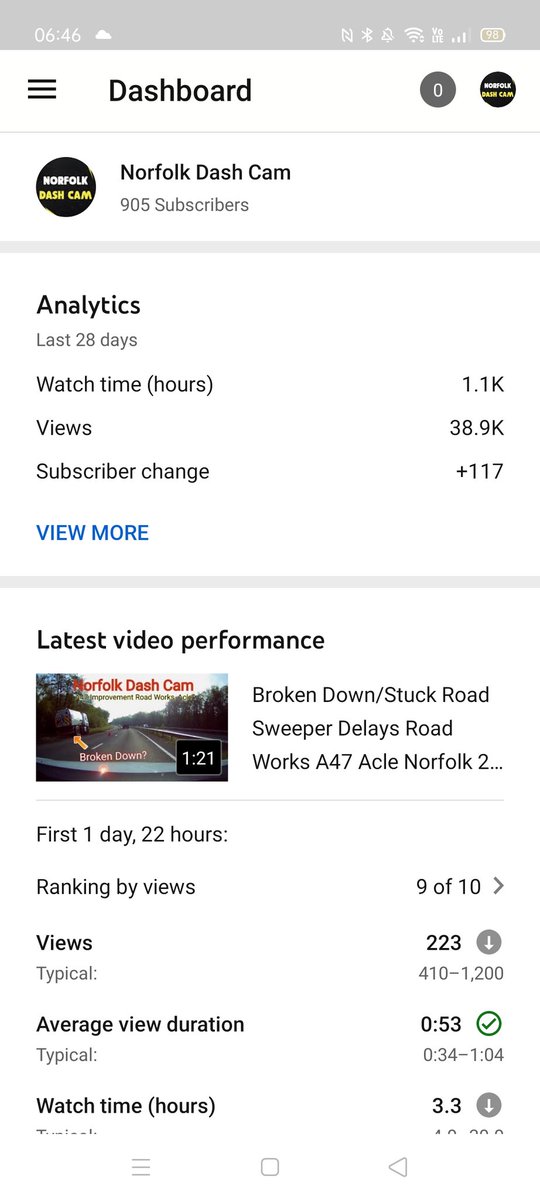 NorfolkDashCam's tweet photo. (2/2) showing 905 subs and video views on my 17k video have dropped by like 1000 in a day... That's not a normal amount to just disappear surely https://t.co/ubzcfPvTJq