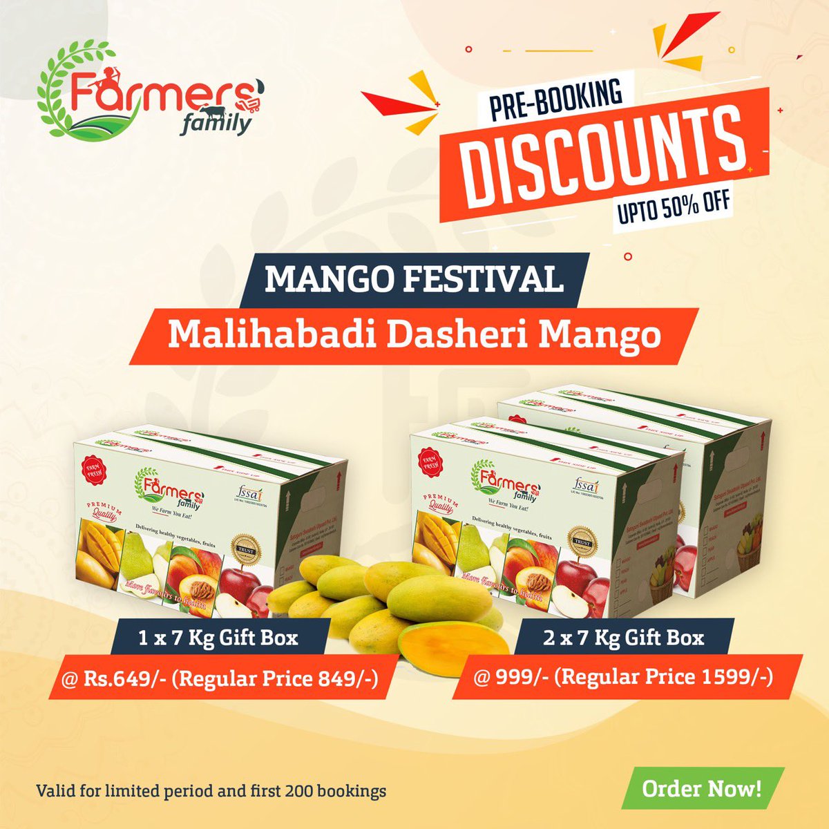 FarmersFamily1's tweet photo. MANGO FESTIVAL

Pre-booking DISCOUNTS upto 50% OFF for limited period 
*Malihabadi Dasheri Mango*

1 x 7 Kg Gift Box @ Rs.649/-
2 x 7Kg Gift Box @ 999/- 

Delivery Date : 7 - 12 June’2021. 

Order now :
https://t.co/klQt1rkfuO
#mango #ordernow #noida https://t.co/EsMNxOmgk9