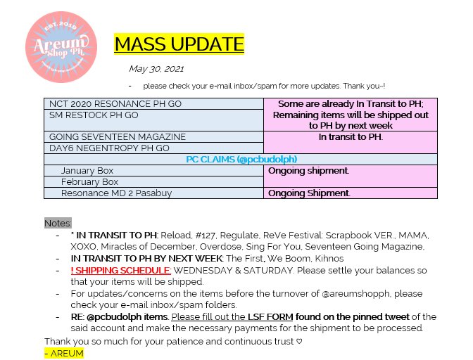areumshopph's tweet photo. 『 #AreumPH_MUpdates 』

MASS UPDATE
➭ May 30, 2021

If you have any questions, please do not hesitate to DM or email us! Thank you ~! https://t.co/jF88UdfJo4