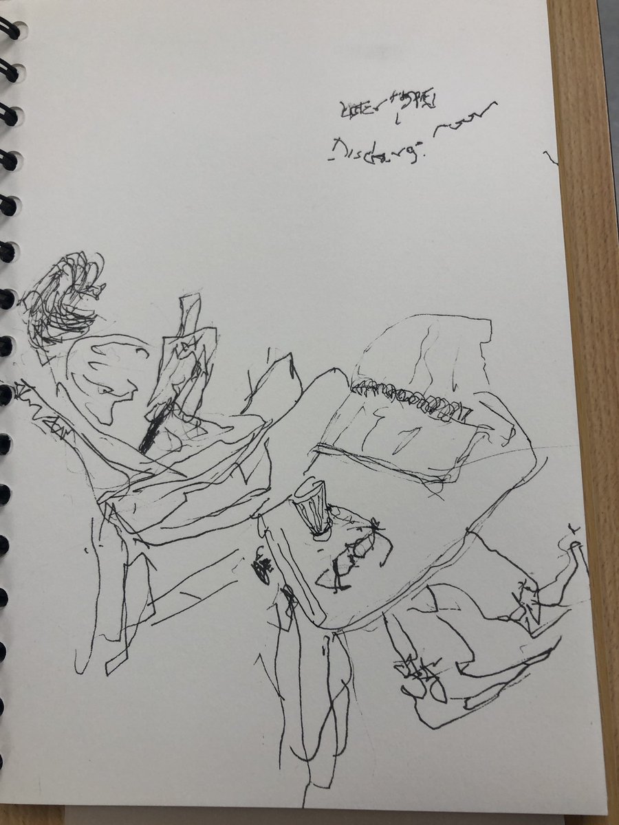 A little bit of joy and art in the unlkliest of places. Sitting in the discharge lounge at #thelister in Herts. Unbeknown to me a patient with #Parkinsons sketched me and a new found friendship was made #veenatiernan