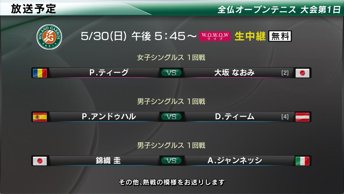 Wowowテニス まもなく放送 全仏オープンテニス 男女シングルス1回戦に 大坂なおみ 錦織圭 が登場 大会第1日 このあと午後5 45 生中継 T Co 0y5xhiwxjs 第1日は無料放送 選手への応援コメント募集中 Wowowで全仏 をつけて Wowowテニス まもなく放送 全仏オープンテニス 男女シングルス1回戦に 大坂なおみ 錦織圭 が登場 大会第1日 このあと午後5 45 生中継 T Co 0y5xhiwxjs 第1日は無料放送 選手への応援コメント募集中 Wowowで全仏 をつけて