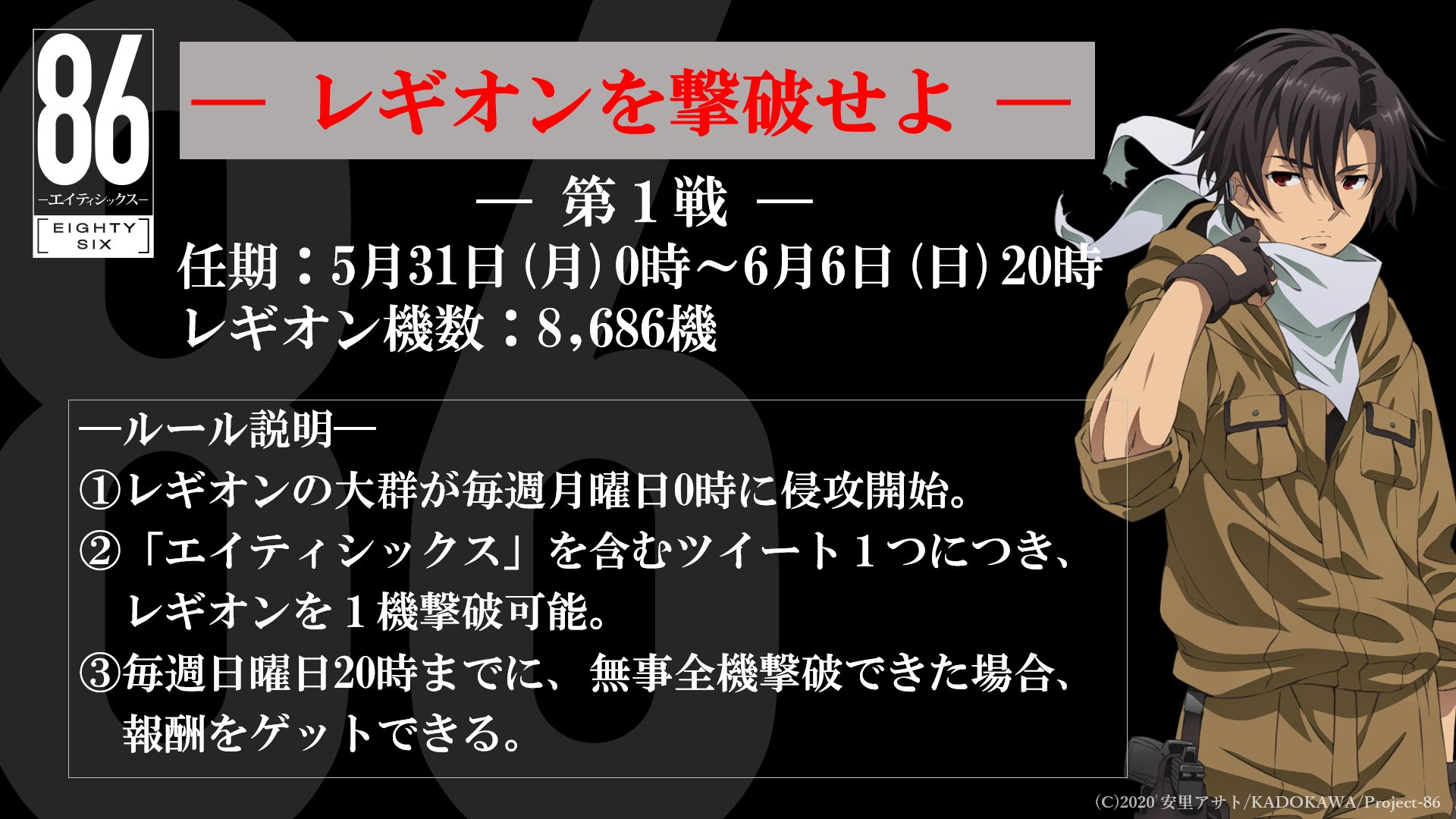 Tvアニメ 86 エイティシックス 公式 レギオンを撃破せよ ハンドラーワンより ８６ エイティシックス フォロワー各位 計8 686機のレギオンがこちらへ侵攻を開始 5月31日 月 0時に到着する模様 速やかに応戦できるよう エイティ