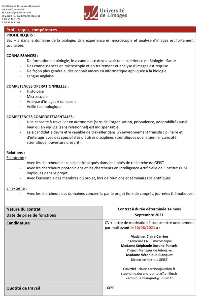 #Job #Recrutement | Ingénieur (H/F) en techniques biologiques et instrumentation @unilim 

📍Préparation d’échantillons biologiques, acquisition d’images multimodales, gestion de données 
📍Interactions avec les interlocuteurs
📆 septembre 2021

👉infos : unilim.fr/intensive/