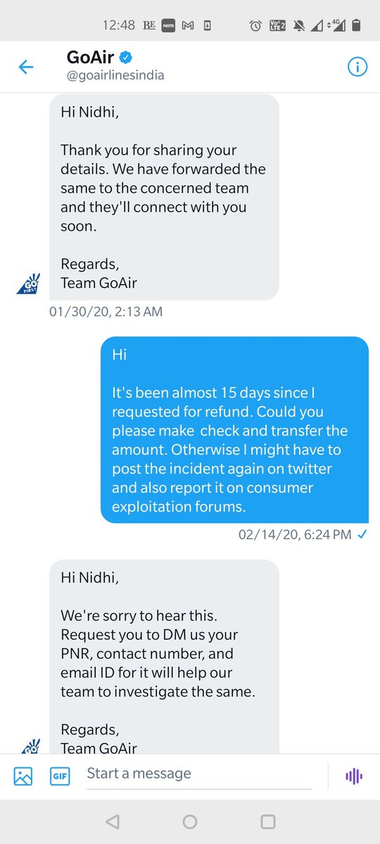 chachriaN's tweet photo. @goairlinesindia We are tired of your automated replies. Take some concrete action and refund our money. Please help @DGCAIndia @MoCA_GoI @HardeepSPuri https://t.co/kyo6TN3xMi