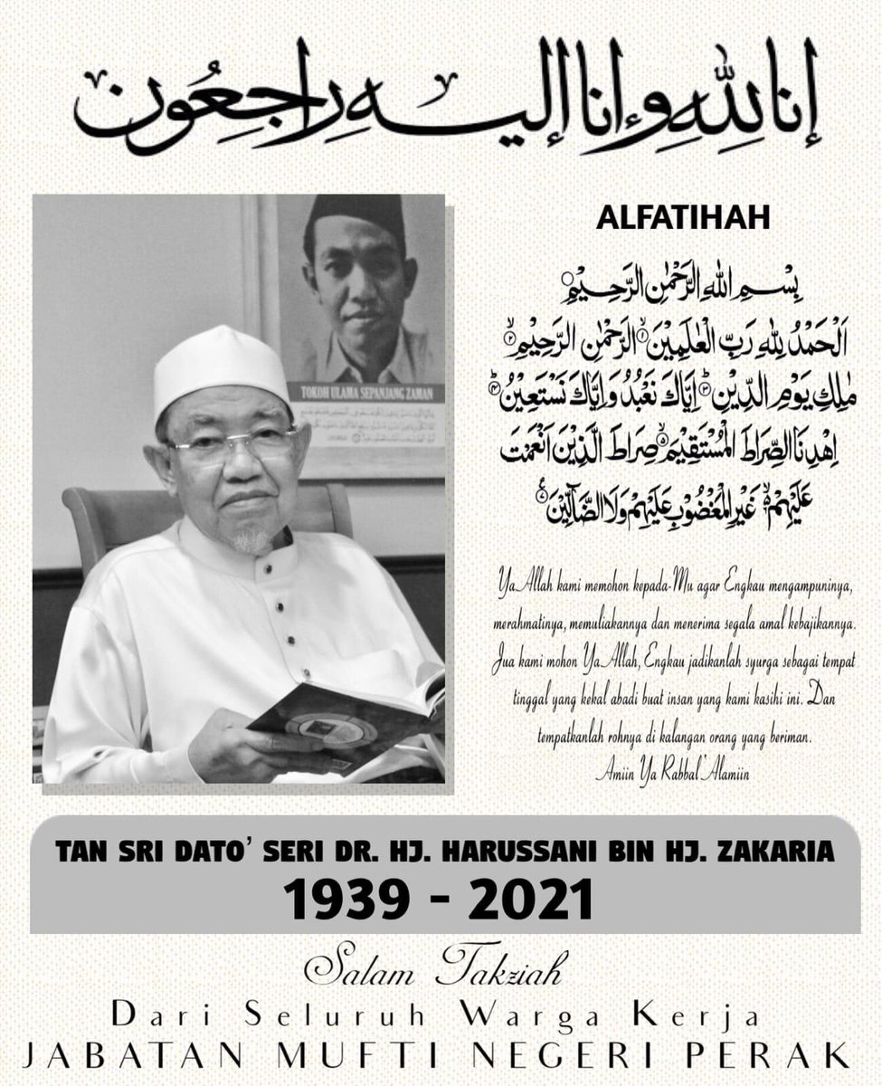 titm_official's tweet photo. Semoga Allah ampuni, rahmati dan menempatkan Almarhum bersama para solehin. Salam takziah kepada keluarga, kenalan, Jabatan Mufti Negeri Perak dan seluruh rakyat Perak. https://t.co/d6hBEpc9ZM