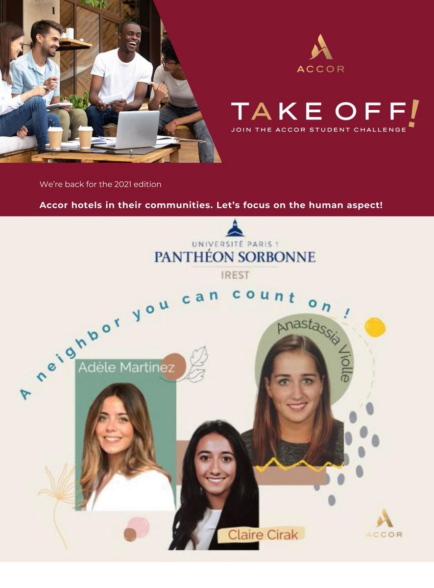 IRESTParis1's tweet image. Les 2 équipes d&apos;étudiantes @IRESTParis1 (Master GATH) ont participé à @Accor #TakeoffChallenge 2021, elles se sont classées 28èmes &amp;amp; 39èmes sur 165.
Pour les avoir soutenues, merci à @SorbonneParis1 @StephensonForm @AIDA_IREST @asso_irestrea
Plus d&apos;infos : facebook.com/IREST.Paris1