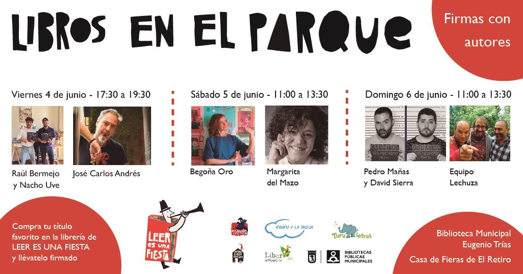 liberespacio's tweet photo. ✍️"LIBROS EN EL PARQUE" ¡¡¡FIRMAS CON AUTORES!!! EL FIN DE SEMANA QUE VIENE, DEL 4 AL 6 DE JUNIO, AL AIRE LIBRE, EN EL @_ElRetiro DE #Madrid, #BIBLIOTECA PÚBLICA MUNICIPAL EUGENIO TRÍAS-CASA DE FIERAS: ¡TE ESPERAMOS! https://t.co/mr6CIfOoX6