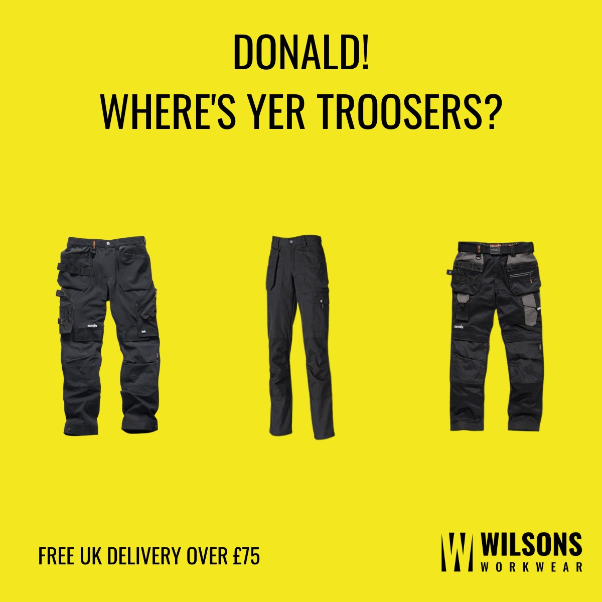 WilsonsWorkwear's tweet photo. 😅 DON'T BE LIKE THE DONALD! 

Get your 'troosers' here at Wilsons Workwear! 

*PS. No guarantee on winning in presidential elections. Just great workwear at great prices. 😉

Check them out here: https://t.co/5He8RIrrgC https://t.co/a2KF5mqyTd
