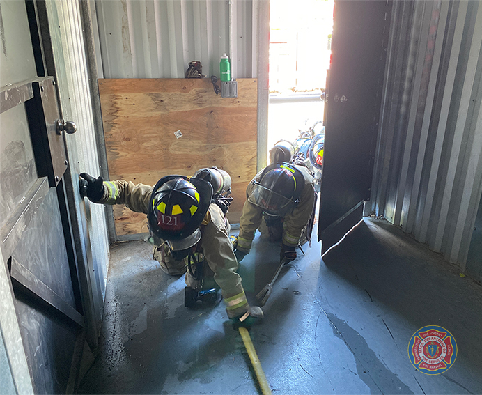 MassDFS's tweet photo. #Recruits from #ClassS23 are making entry to search for a “victim” using a primary search. Recruits will stay low and have obscured facepieces that help simulate a smoke environment. https://t.co/HLbRN4Fosq