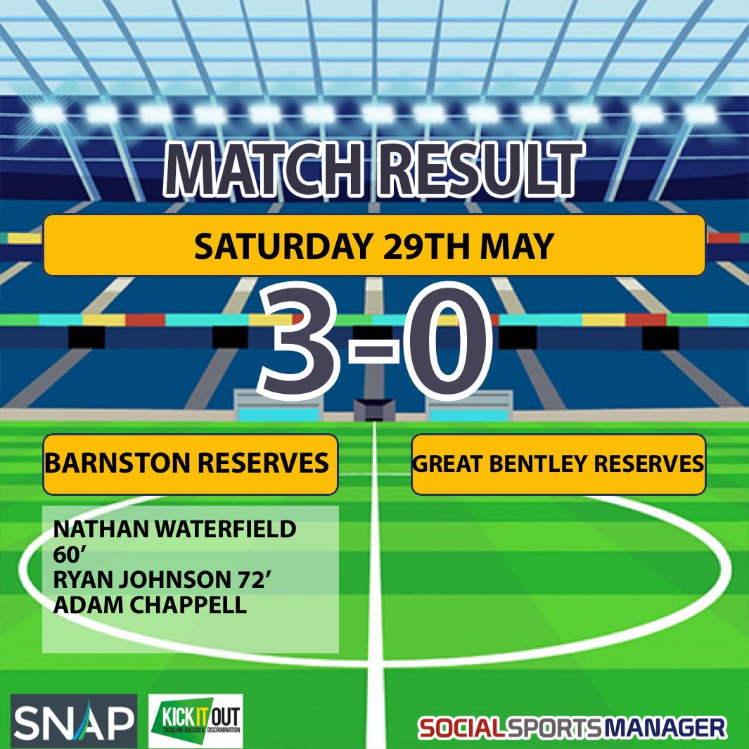 Essex & Suffolk Border League (@e_sborderleague) on Twitter photo Tommy Thompson SF Result
<a href="/barnston_afc/">Barnston AFC - Reserves</a> 3-0 <a href="/GTBENTLEYFC/">GREAT BENTLEY FC</a> Reserves
Congratulations to Barnston who have reached the final of the Tommy Thompson Cup, second half goals from Nathan Waterfield, Ryan Johnson and Adam Chappell. Barnston now play <a href="/HPFC_1903/">Hatfield Peverel FC</a> in the final on Tuesday. Tommy Thompson SF Result
<a href="/barnston_afc/">Barnston AFC - Reserves</a> 3-0 <a href="/GTBENTLEYFC/">GREAT BENTLEY FC</a> Reserves
Congratulations to Barnston who have reached the final of the Tommy Thompson Cup, second half goals from Nathan Waterfield, Ryan Johnson and Adam Chappell. Barnston now play <a href="/HPFC_1903/">Hatfield Peverel FC</a> in the final on Tuesday.