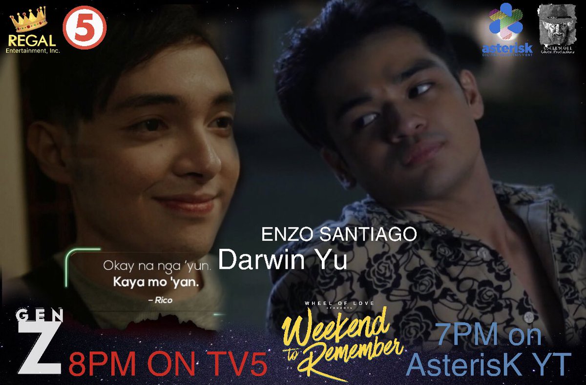 asterisk_ph's tweet photo. Sabay sabay natin tutukan sina Paps!
Weekend To Remember Ep7 at 7pm on AsterisK Entertainment Youtube Channel! #WeekendToRememberEp7
GEN Z Finale at 8pm on TV5! #GENZFinale
Back 2 Back with Paps! @21_enz @DarwinYu_PH @WheelOfLoveS1 @TV5manila @RegalFilms https://t.co/3AncaSgYUb