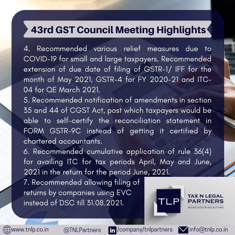 TNLPartners's tweet photo. The 43rd #GST Council recommended several changes in GST rates on supply of goods and services and to the GST law. The most notable ones are shared below.

#tax #indirecttax https://t.co/Fn64IhLJdE