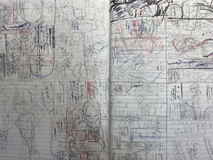 こんな感じでネームしてます。ノートにボールペンで十字引いてシャーペンで描く感じです。修正は消すのが面倒なのでペンで上書きしたりしてもう無法状態です☆ 