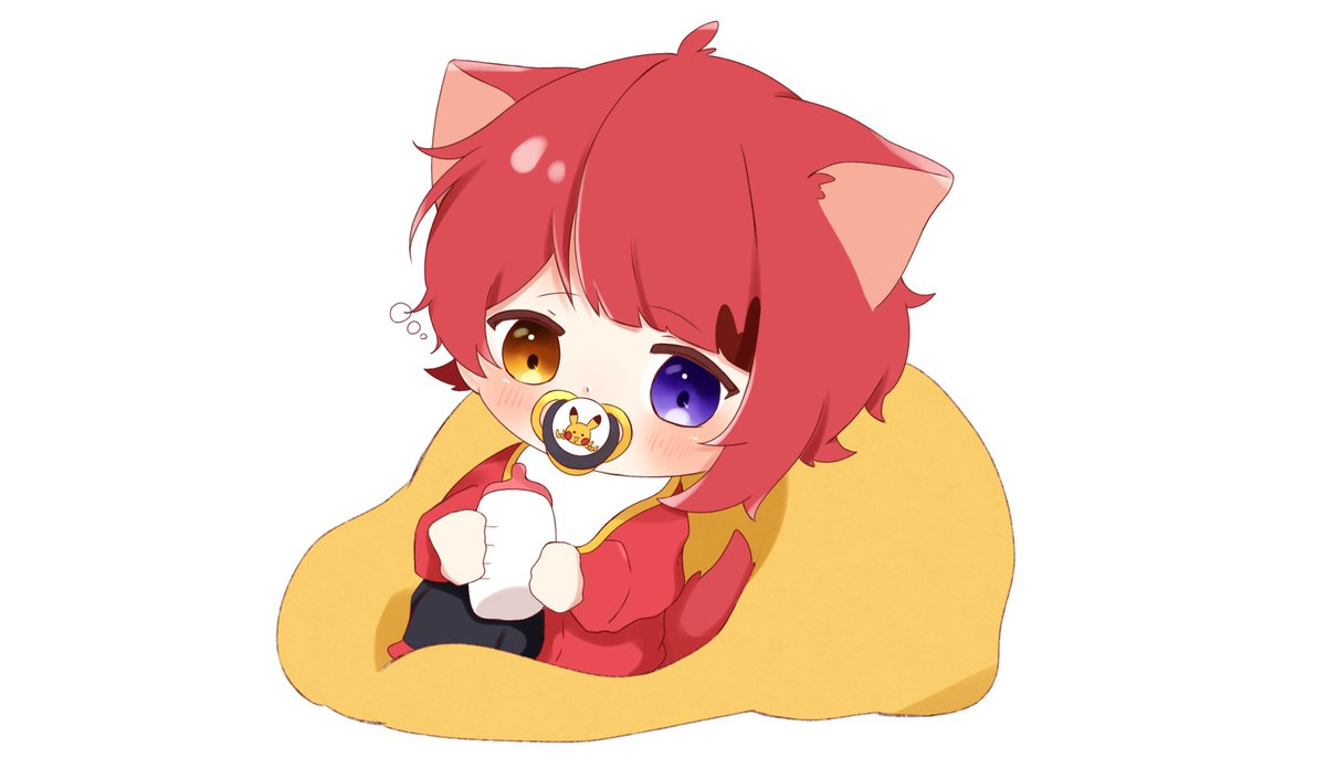 pacifier animal ears heterochromia baby red hair tail 1boy  illustration images