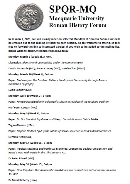May 31 #online Macquarie <a href="/SPQR_MQ/">Roman History at Macquarie University</a> <a href="/AncientHistMQ/">Macquarie University Department of Ancient History</a> [3pm] Dr David Rafferty (@portusprince <a href="/UniofAdelaide/">Uni of Adelaide</a>), How Republics Die: democratic breakdown and competitive authoritarianism in the 50s BCE. Zoom - register dustin.mckenzie@hdr.mq.edu.au