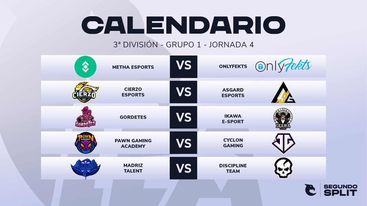 PROGRAMACIÓN #LEAJ4

🏆3ª División - Grupo 1

♦️ @EsportsMetha vs <a href="/OFekts/">Only Fekts Vilassar</a> 
♦️ <a href="/CierzoEsports/">Cierzo Esports Academy</a> vs <a href="/ASGesportsclub/">ASG</a> 
♦️ <a href="/GordetesT/">Gordetes Team</a> vs <a href="/ikawa_esport/">iKawa eSport</a> 
♦️ @PawnGamingES Academy vs <a href="/CyclonGamingES/">Cyclon Gaming</a> 
♦️ #MadrizTalentEsports vs <a href="/DisciplineTM/">Discipline Team</a> 

#TusPrimerosPasos
