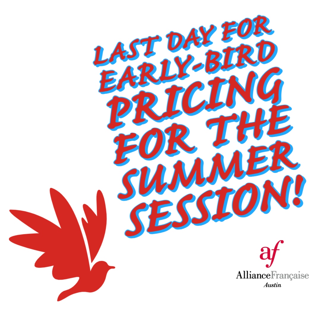 af_atx1's tweet photo. Just a reminder it is the last day for Early-Bird Registration for next Session!

#speakfrench
#learnfrench #french #frenchlanguage #ilovefrench #frenchvocabulary #frenchpronunciation #frenchlesson #speakingfrench #iwillteachyoutospeakfrench  #studyfrench #frenchlearning https://t.co/T3LPdEgtI5