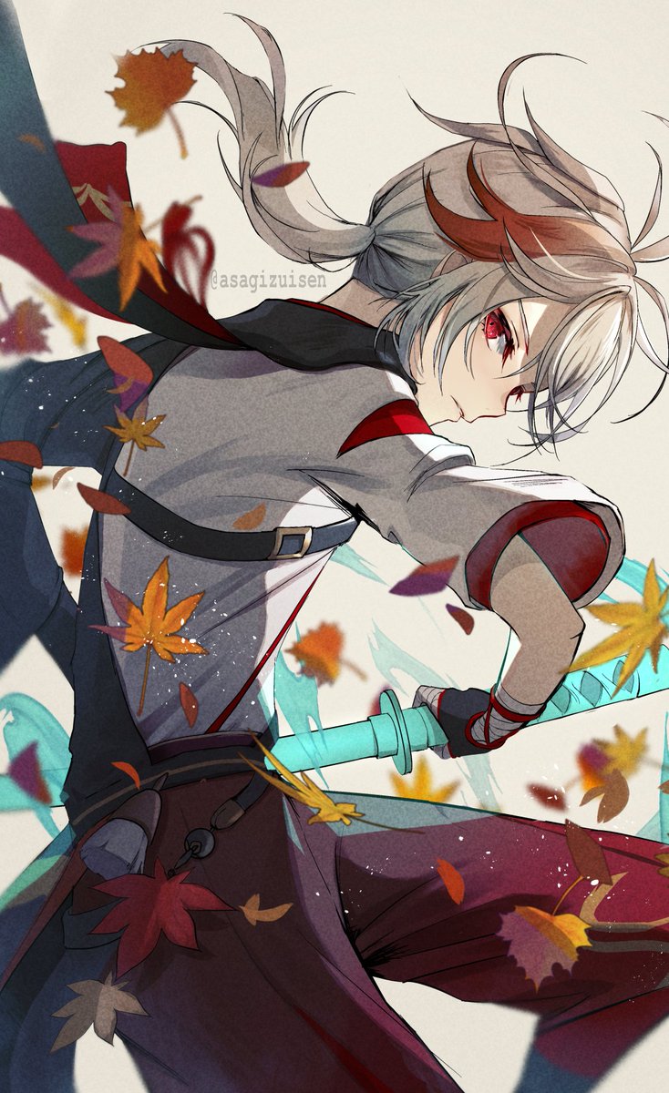 kaedehara kazuha 1boy male focus weapon red eyes solo sword leaf  illustration images