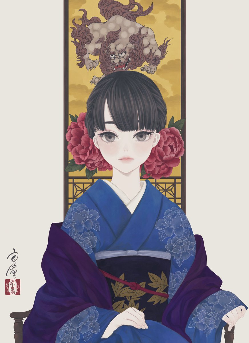 kimono japanese clothes sash blue kimono obi 1girl looking at viewer  illustration images