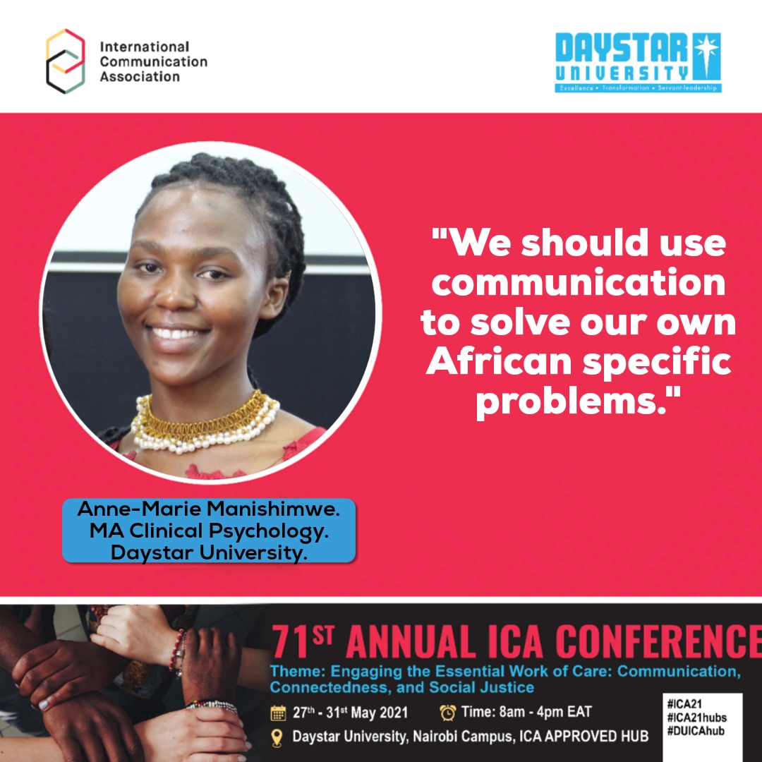 DaystarUni's tweet image. "We should use communication to solve our own African specific problems."
Anne-Marie Manishimwe. MA Clinical Psychology. @DaystarUni 

@DRGS_DU @icahdq

#ICA21 #ICA21hubs #DUICAhub