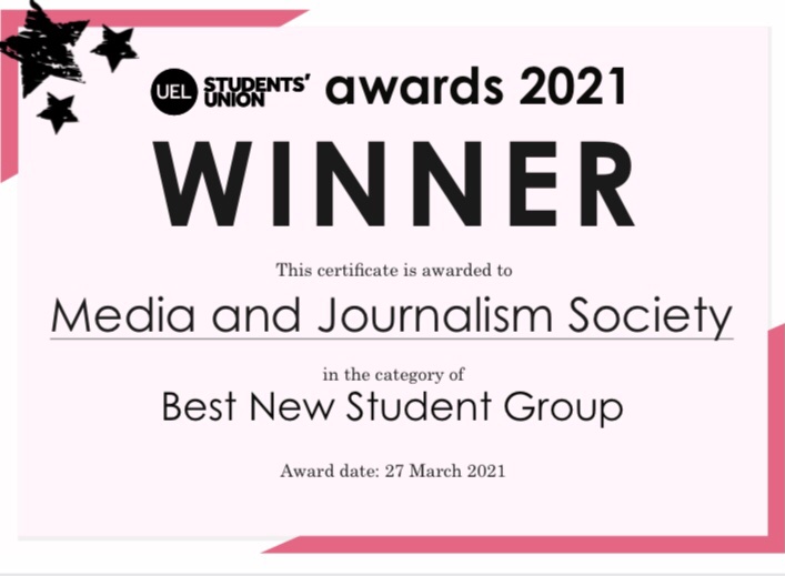 The Media and Journalism Society won the award for the Best New Student Group of the year 🎊 Thank you @uelunion <a href="/UEL_News/">Uni of East London</a>