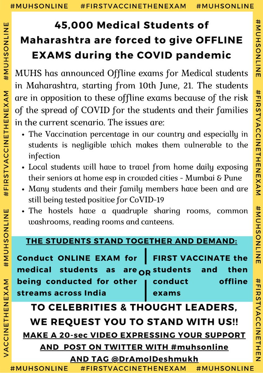 DrHritik's tweet image. Lets get started 
Tweet &amp;amp; Retweet, Tag Celebrities &amp;amp; ministers 
#muhsonline #firstvaccinatethenexam
#muhs #medicalexams2021
