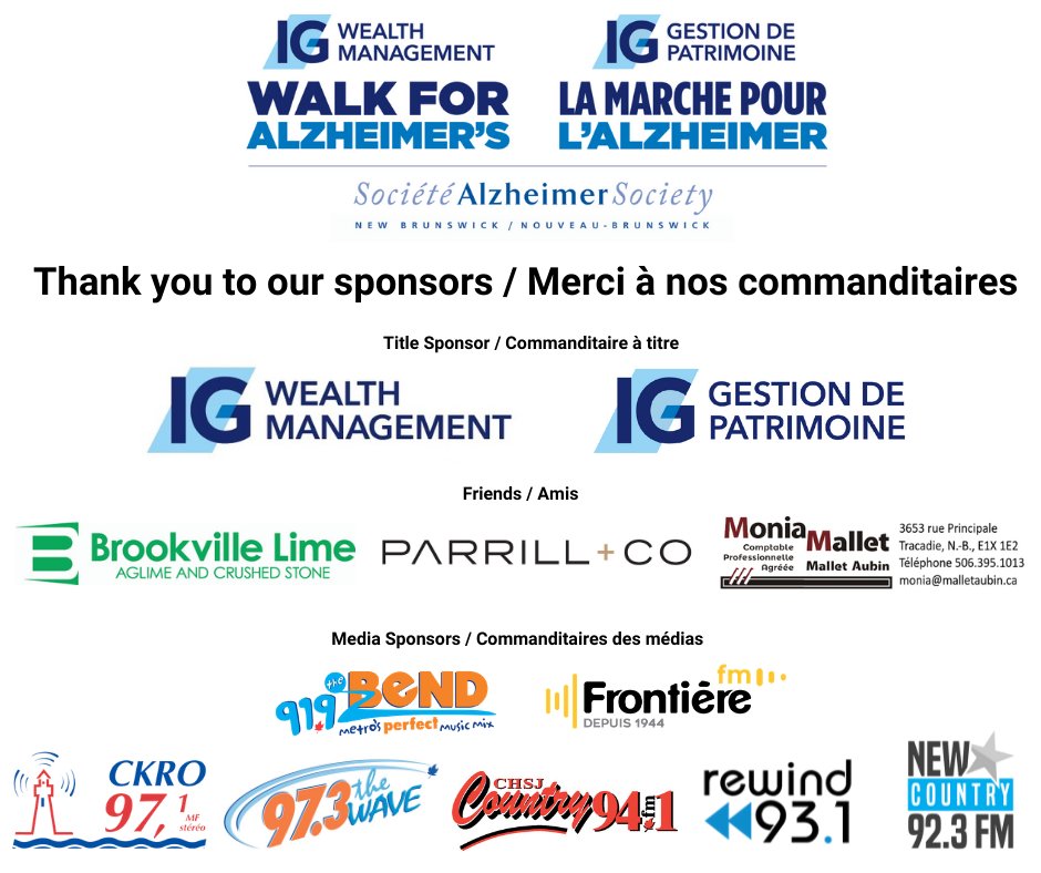 Thank you to our sponsors for the #IGWalkforAlz. Your support matters and shows your commitment to your community. Thanks for investing in help for today and hope for tomorrow <a href="/IGWealth_Mgmt/">IGWealthManagement</a> <a href="/AmyParrill/">Amy Parrill</a> <a href="/country94chsj/">Country 94</a> <a href="/973thewave/">97.3 The Wave</a> <a href="/NewCountry923/">New Country 92-3</a> <a href="/Rewind931FM/">Rewind 931</a> <a href="/919TheBend/">91.9 The Bend</a> <a href="/CJEM_CKMV/">Frontière fm</a>