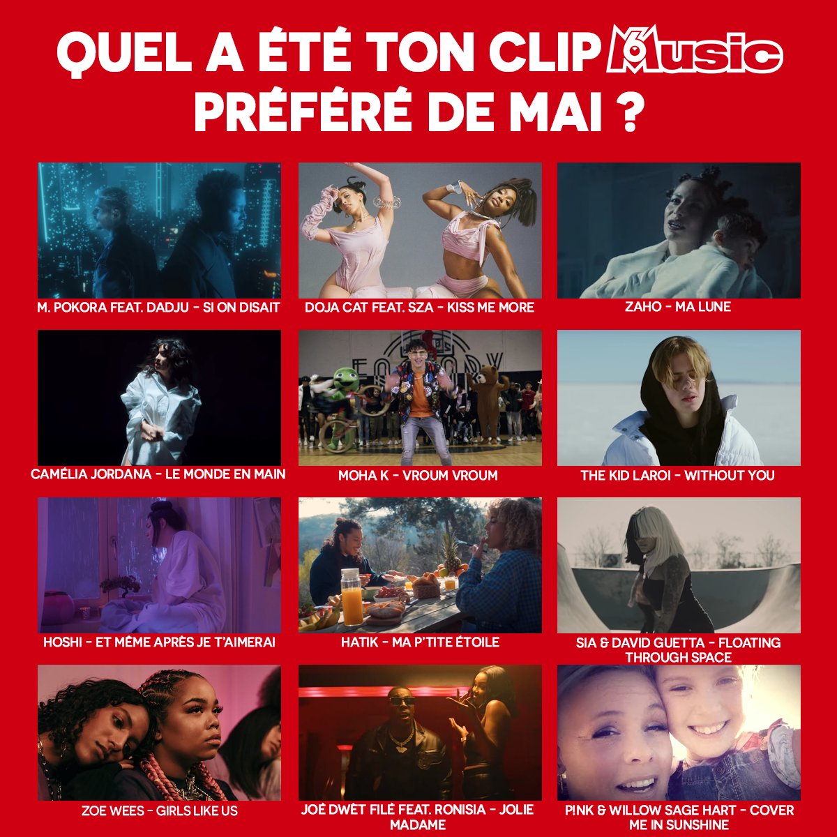 Quel a été ton clip M6Music préféré de mai ?
Dis-nous en commentaire ton ou tes clips préférés ! 🧐 💬 
🔶 @MPokora feat. @Dadju #SiOnDisait
🔶 @DojaCat feat. @sza #KissMeMore
🔶 @ZAHOOFFICIEL #MaLune
🔶 @Camelia_Jordana #LeMondeEnMain