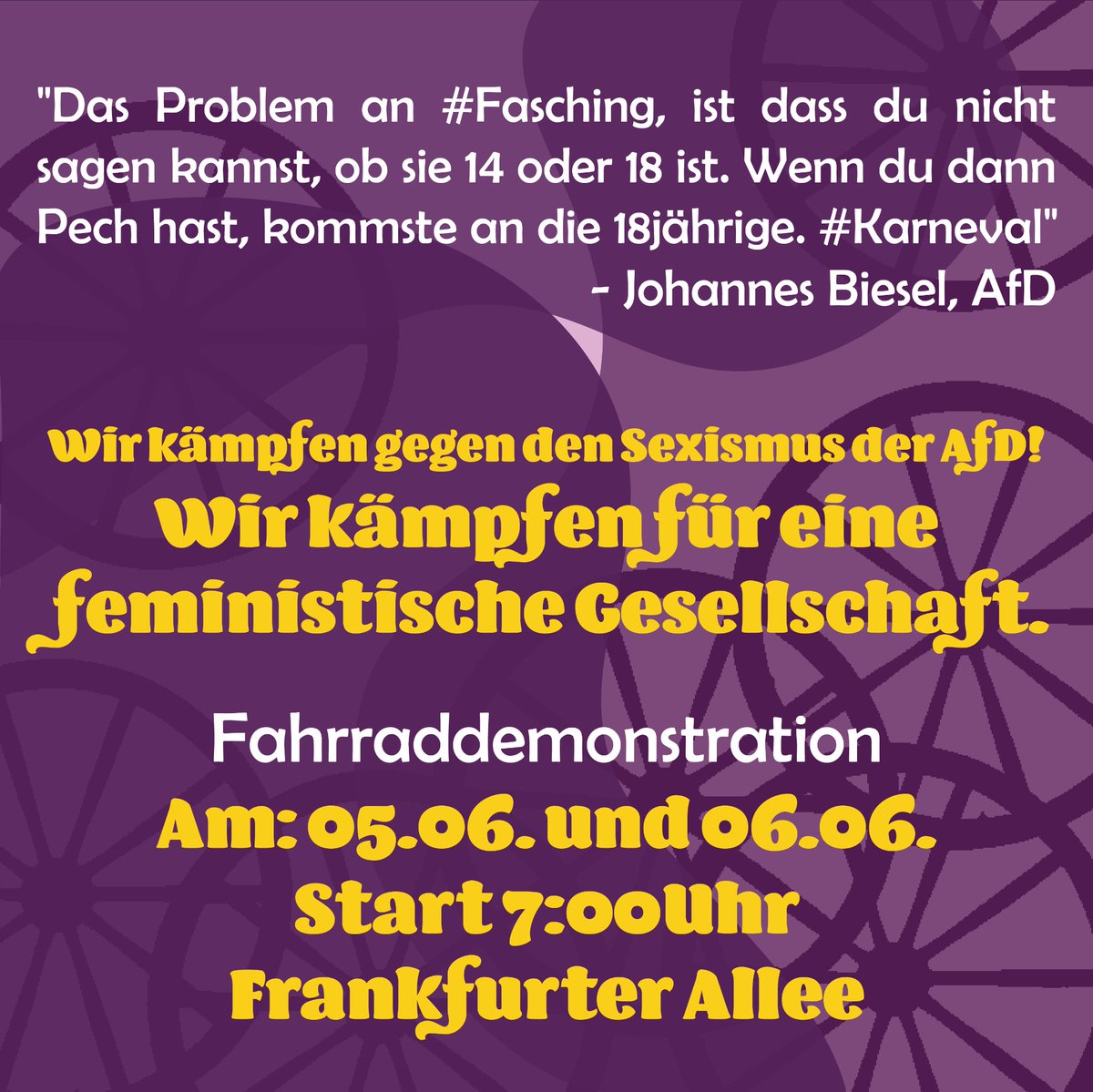 Am #b0506 und #b0606 wird es mal wieder Zeit der antifeministischen, rassistischen, antisemitischen und nationalistischen #noAfD den (Landespartei-)Tag zu versauen. Also am Wochenende ab aufs Rad und um 7:00 zur Frankfurter Allee!
