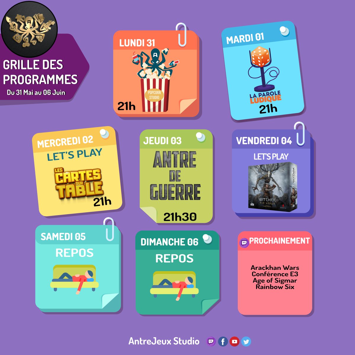 AntreJeuxStudio's tweet photo. Bonjour les joueurs Main qui salue
Voici les évent de la semaine avec le lien pour vous inscrire.
Le programme est également mis à jour sur Twitch ici :
https://t.co/fYq12le1BY
#jds #j2s #TheWitcher #ICE #PopCornStudio #AntredeGuerre #boardgame @matagotnfriends https://t.co/0GrDNBnAvw