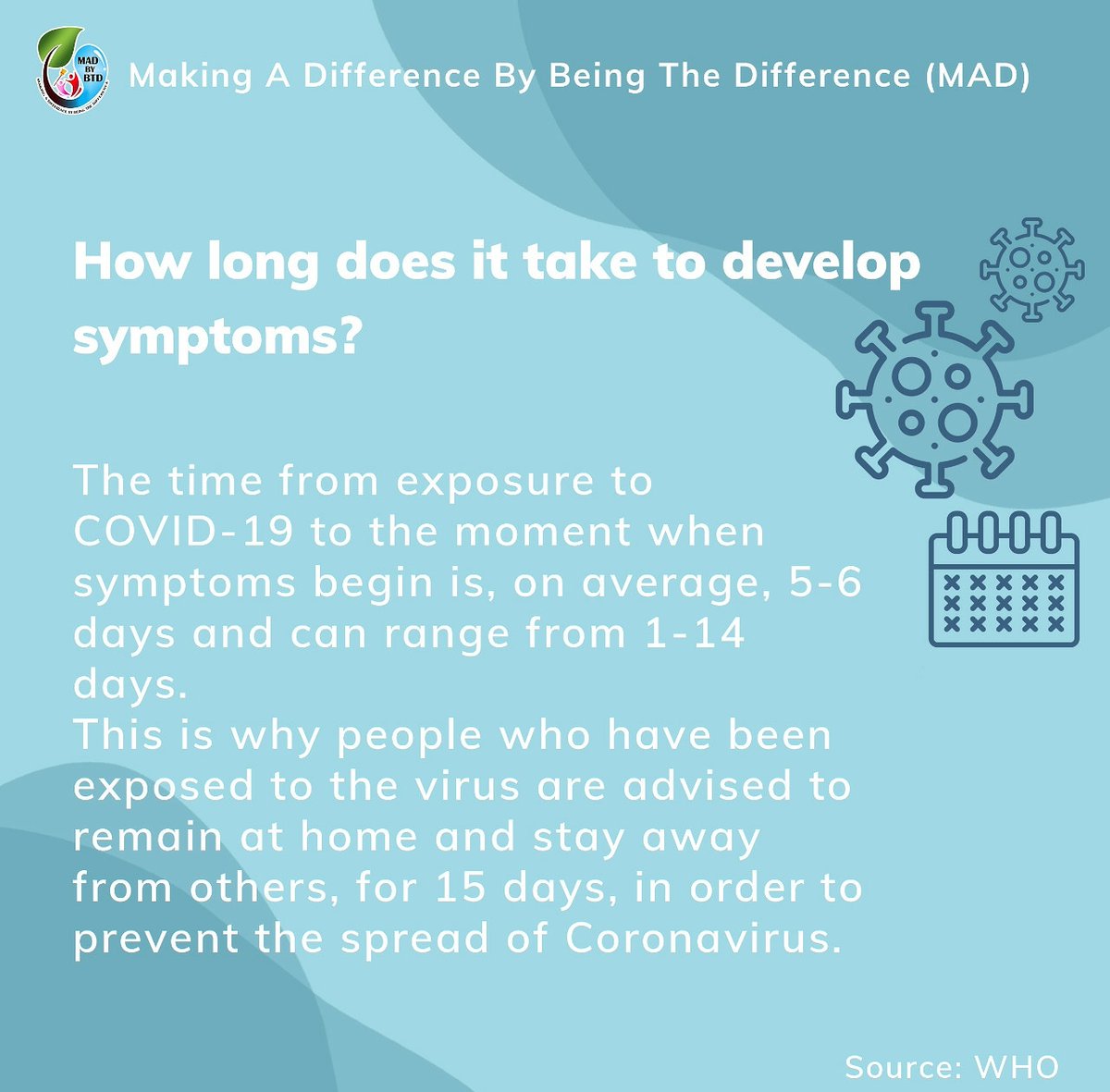 madbybtd's tweet photo. On an average it takes between 5-6 days and can range from 1-14 days to develop coronavirus symptoms.
#COVID19 #madagainstcorona #CovidWarriors https://t.co/IWu55CdsfS