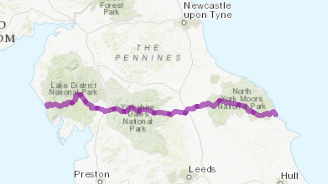 I like the look of this route that I just made using the <a href="/SlowWaysUK/">Slow Ways</a> Journey Planner. 

Three National Parks Coast to Coast from Ravensglass to Scarborough. 273km using 15 Slow Ways routes, slightly south of the great Wainwright coast to coast. 

>>>
beta.slowways.org/user/waylist/T… 🐌