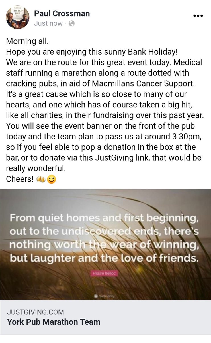 Morning all.
Please support these lovely running medics in their fundraising effort today for the wonderful <a href="/macmillancancer/">Macmillan Cancer Support</a>.
There will be a collection box in the pub, or you can give via this link:
justgiving.com/team/YDHdoesEMF
Thanks 🤗🍻❤️ pic.x.com/OaskQQMMhV
<a href="/bishyroadnet/">Bishy Road</a>