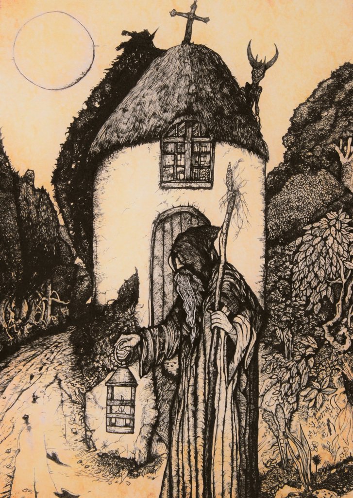 The Hermit And The Devil. An artwork created while staying near Veryan in Cornwall. The houses at Veryan were supposedly built round so the devil could not hide in corners! #folkhorror #hermit #veryan #illustration #darkart