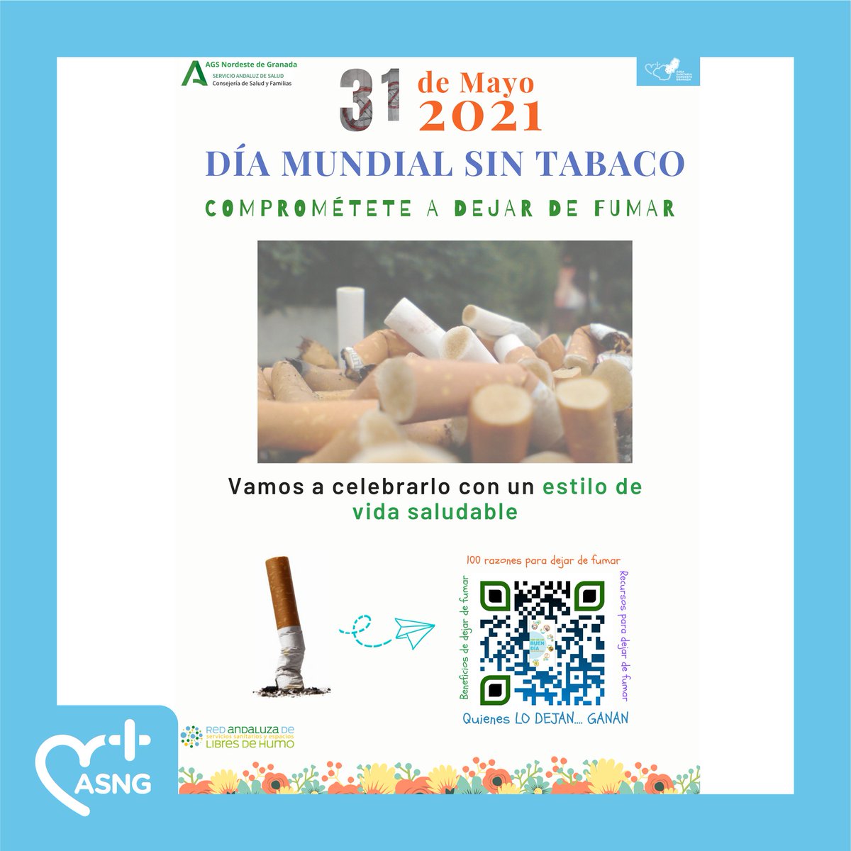 SaludNordesteGr's tweet photo. 👉 Con el lema "Comprométete a dejarlo durante la pandemia", la campaña del #DíaMundialSinTabaco 🚭 tiene como objetivo apoyar a los consumidores de tabaco en su camino para dejarlo. En el código QR que aparece en la foto podemos encontrar 100 razones por las que dejar de fumar. https://t.co/RX4YxrqGIc