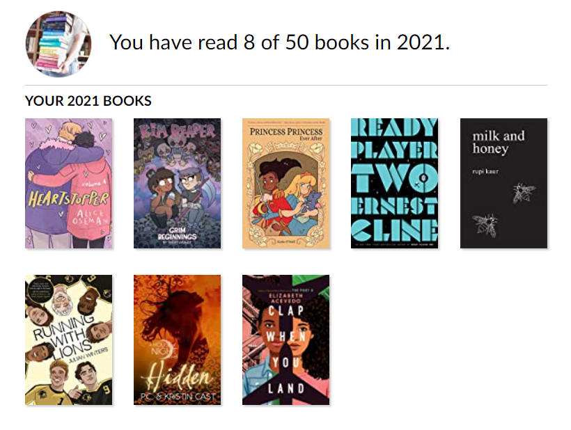 I haven't had a very good reading year. I've read 8 books, 5 of which are graphic novels/in verse and 3 of which I started in 2020. The only book I feel like I've read is Ready Player Two and it was an audiobook. I finally feel like reading again though and I'm excited! https://t.co/iDPewbw1VK