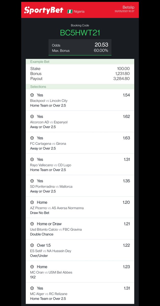 playmaker365's tweet photo. Sportybet 

20 odds ✅ BC5HWT21

20 odds ✅ BC5HX2GW

20 odds ✅ BC5HX6Q4

Edit | Share | Retweet

Gamble responsibly. https://t.co/NlnZBxVGUJ