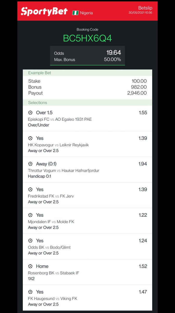playmaker365's tweet photo. Sportybet 

20 odds ✅ BC5HWT21

20 odds ✅ BC5HX2GW

20 odds ✅ BC5HX6Q4

Edit | Share | Retweet

Gamble responsibly. https://t.co/NlnZBxVGUJ