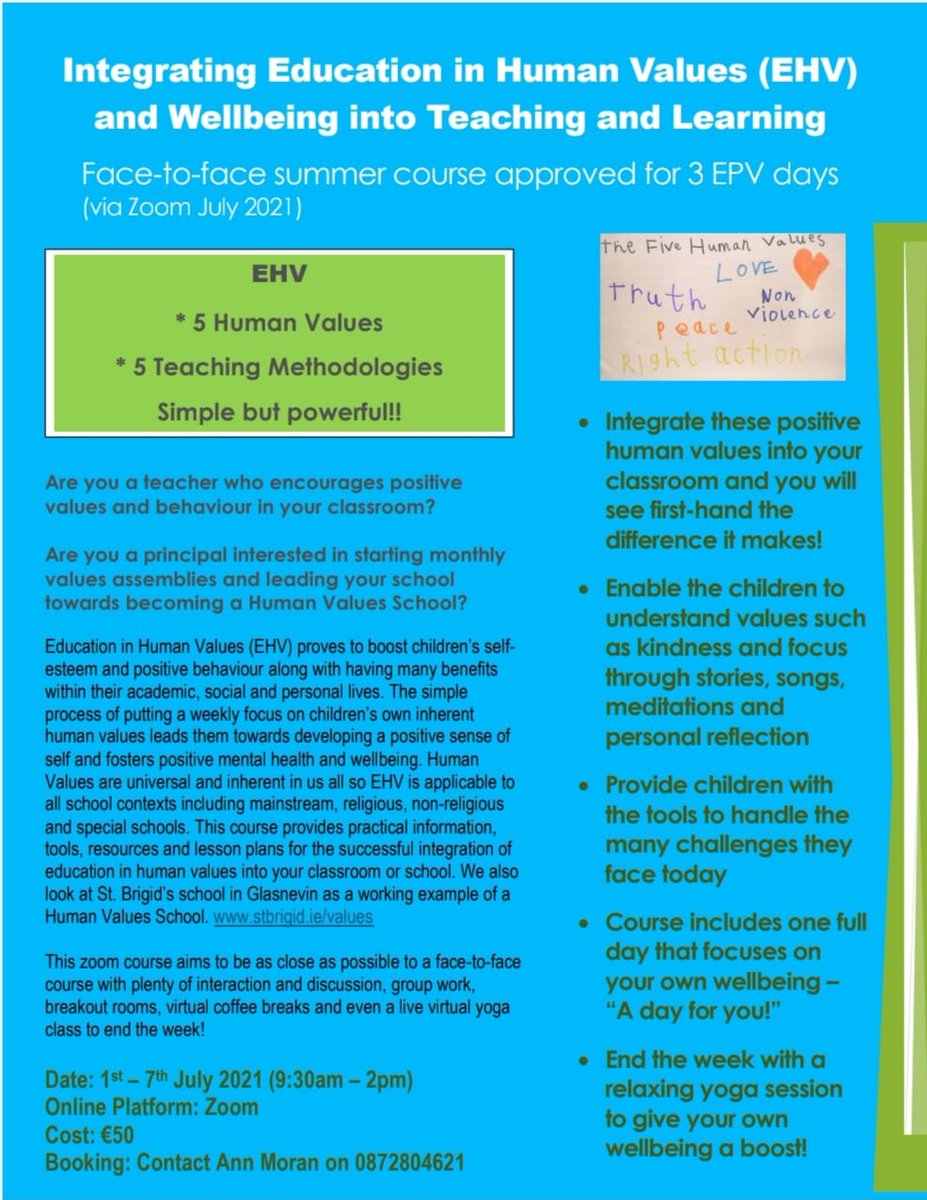 Training Opportunity for Primary School Teachers & Principals
5 human values: love, truth, peace, non-violence, right action
5 teaching methodologies
Simple but powerful
stbrigid.ie/values