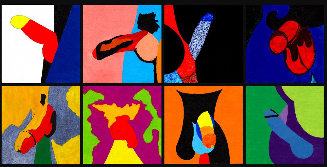 Freshly minted, the first half of QueerNFT Series 3, a playful look at the penis.  the originals are oil on canvas, painted from snapchat submissions. #hicetnunc2000 #NFTCommunity
