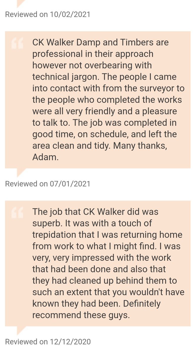More great reviews for the CK Walker team. We have over 200 genuine reviews on our website ckwalker.co.uk