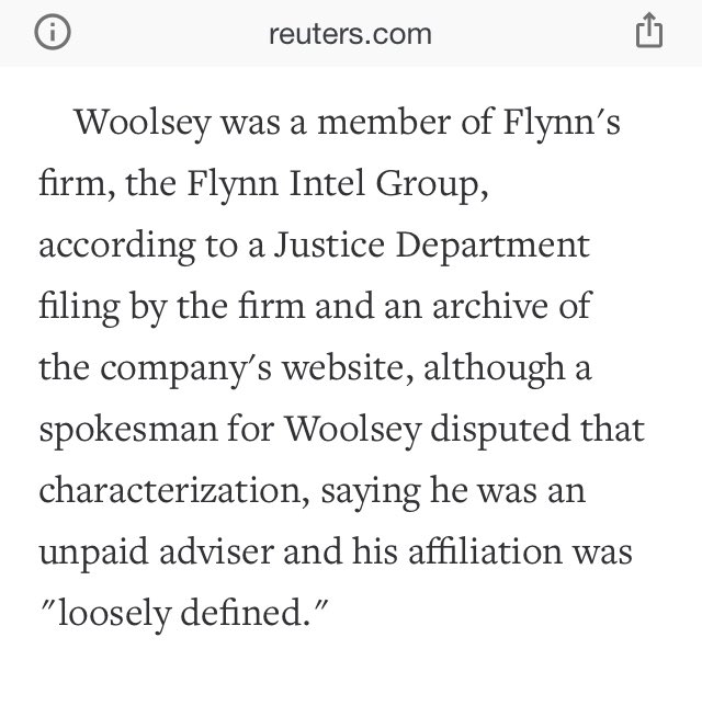 StringwallApp's tweet image. Now back to Woolsey:
“Woolsey was a member of Flynn&apos;s firm, the Flynn Intel Group, according to a Justice Department filing by the firm and an archive of the company&apos;s website”

reuters.com/article/us-usa…