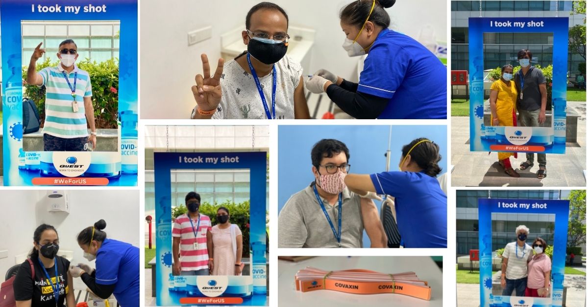 Quest_Global's tweet photo. We are proud to have held our first #QuEST Vaccination Campaign in collaboration with Manipal Hospital. 

Here is a glimpse of #Questians and their family members getting vaccinated at our Bangalore office. 

#weforus #StayHomeStaySafe #vaccination https://t.co/CjlhJ3XyQX