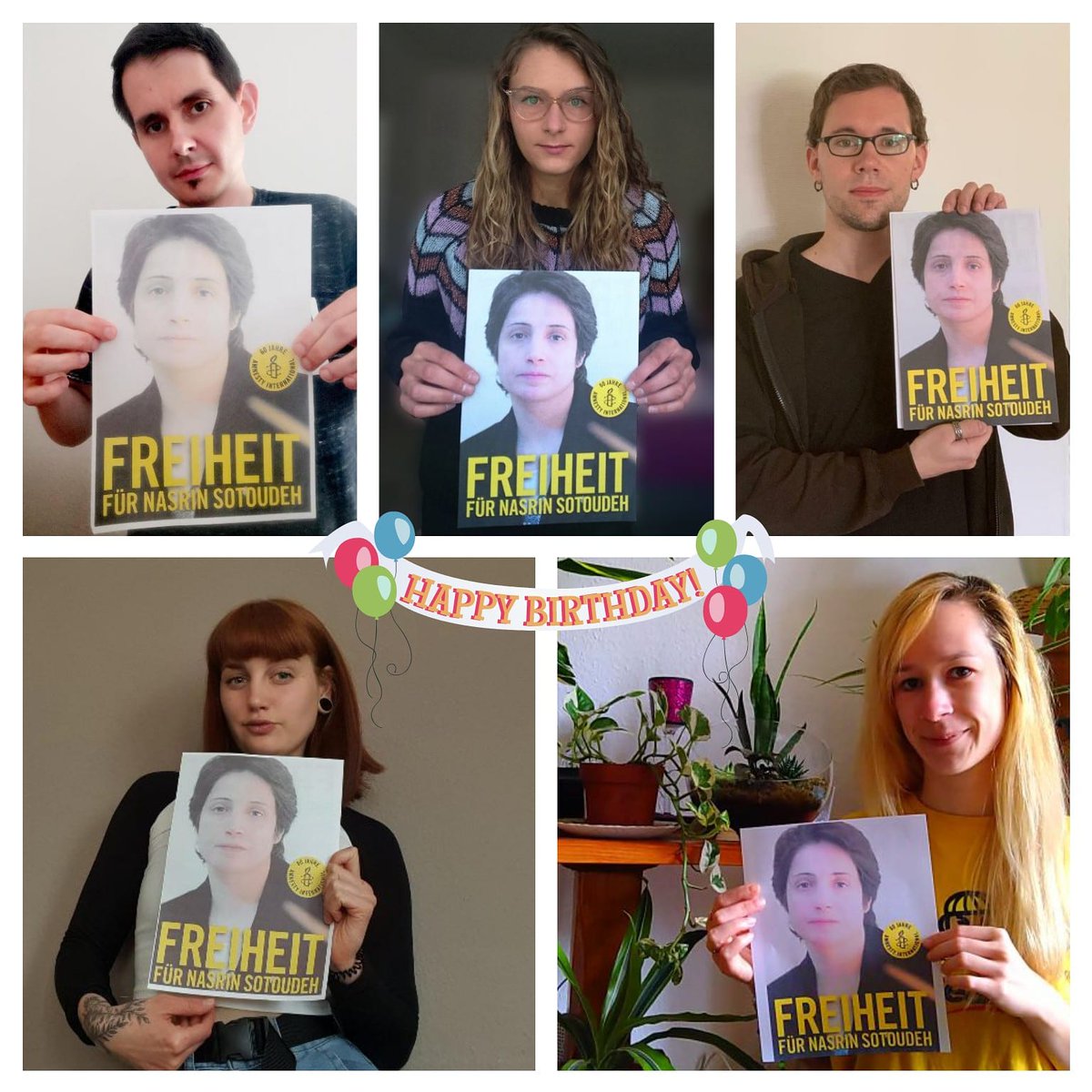 Wir wünschen Nasrin heute alles alles Gute zum Geburtstag &amp; schicken solidarische Grüße! Sie sitzt zu Unrecht in Haft - fordere mit uns die bedingungslose Freilassung: amnesty.de/mitmachen/peti…

#FreeNasrinSotoudeh #Iran #petition #HumanRightsDefenders #AmnestyInternational