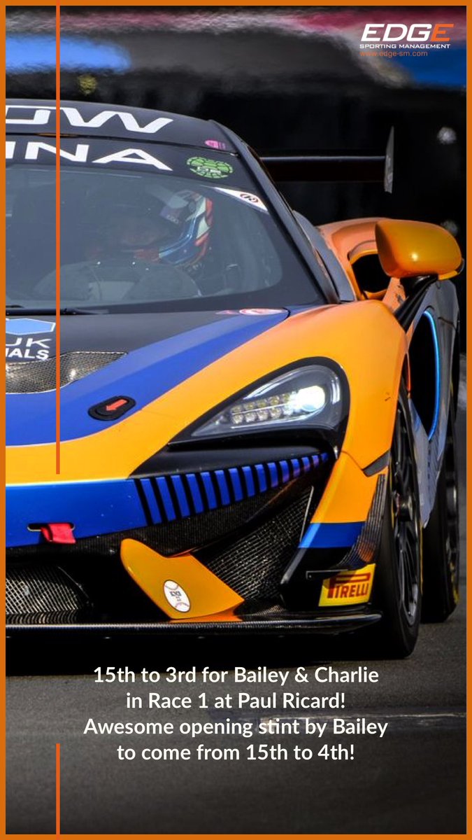 EDGEsporting's tweet photo. Mega Race 1 @PaulRicardTrack in @gt4series with @BaileyVoisin coming from p15 to 4th in his stint and @CharlieFagg28 bringing it home for 3rd! Top job from @UnitedAutosport as always in the @customerracing 570s GT4! Race 2 is at 14.35 GMT #pothunting #McLaren #carsofinstagram https://t.co/QlvkCBeLFx