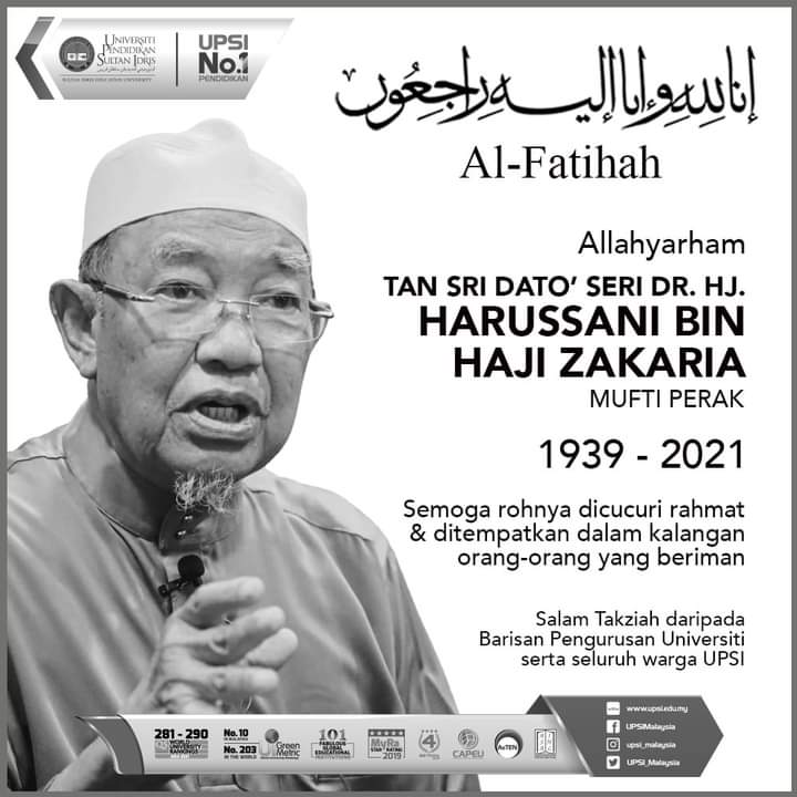 UPSI_Malaysia's tweet photo. SALAM TAKZIAH | ALLAHYARHAM TAN SRI' DATO' SERI DR. HJ. HARUSSANI BIN HAJI ZAKARIA, MUFTI PERAK
#cemerlangbersama #upsibest #UPSIMalaysia
#upsino1pendidikan #upsino1education
#Malaysiamembaca
---
UNIVERSITI PENDIDIKAN SULTAN IDRIS
UNIVERSITI NO.1 PENDIDIKAN https://t.co/hqfvTUsKf0