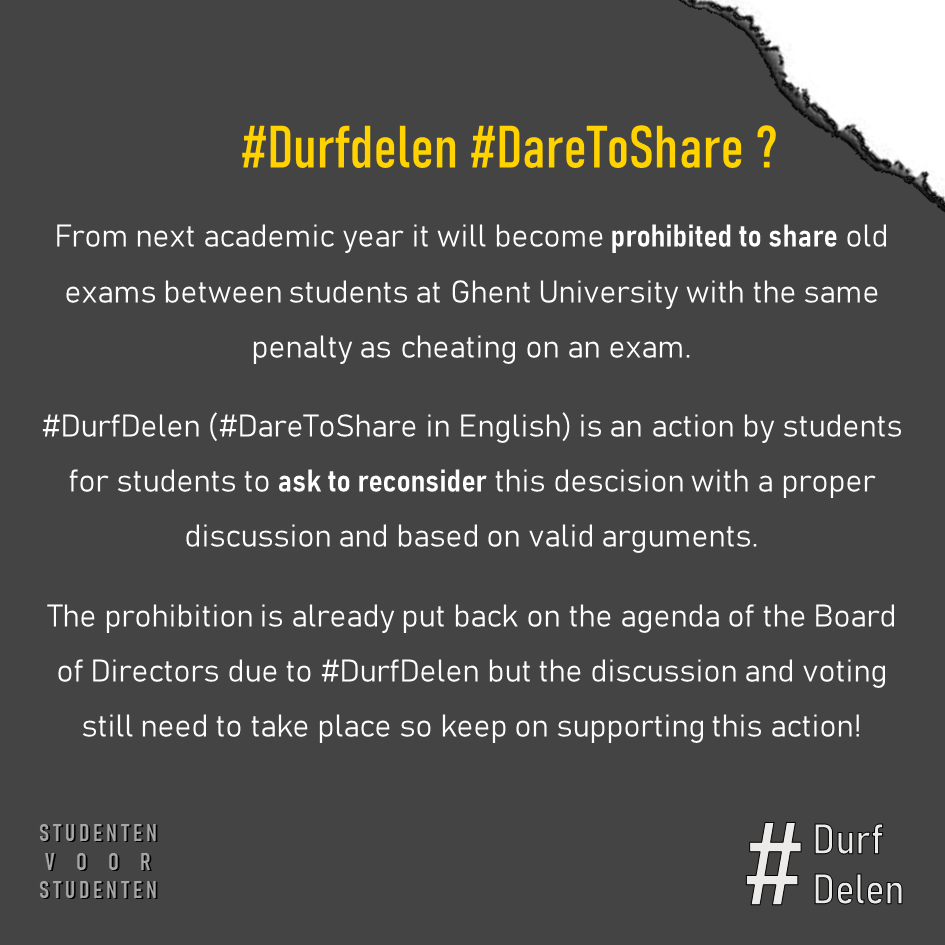 FEA_FRiS's tweet photo. #DurfDelen or #DareToShare is an action against the prohibition, starting september, to share old examquestions between students. Support the action by liking, sharing and using the profileframe! https://t.co/1bsdRMFnc1 
#UGent @ugent https://t.co/uoRp7IiwcR