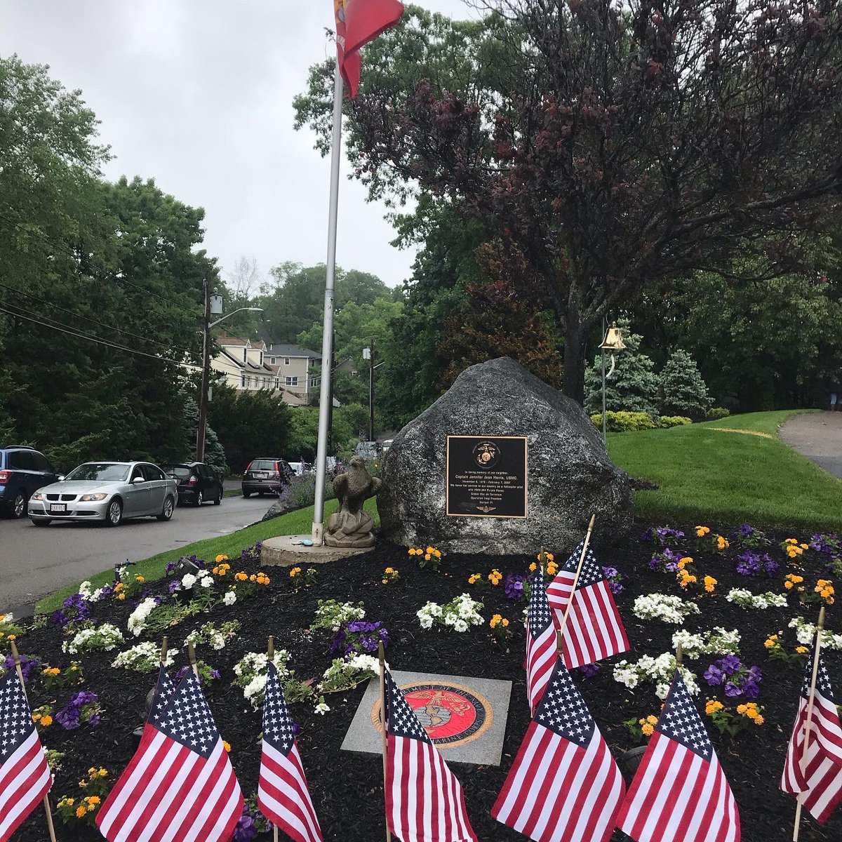 BeverlyMCjrotc's tweet photo. Beverly, Haverhill &amp; Salem High School Cadets presented the Colors for a Memorial Day Ceremony honoring Capt Jennifer Harris and the rest of crew of the Purple Foxes and a crew from 1969. Rainy &amp; cold weather did not get in the way. Govern Baker even gave a speech. #NeverForget https://t.co/KqTOpLSB0s