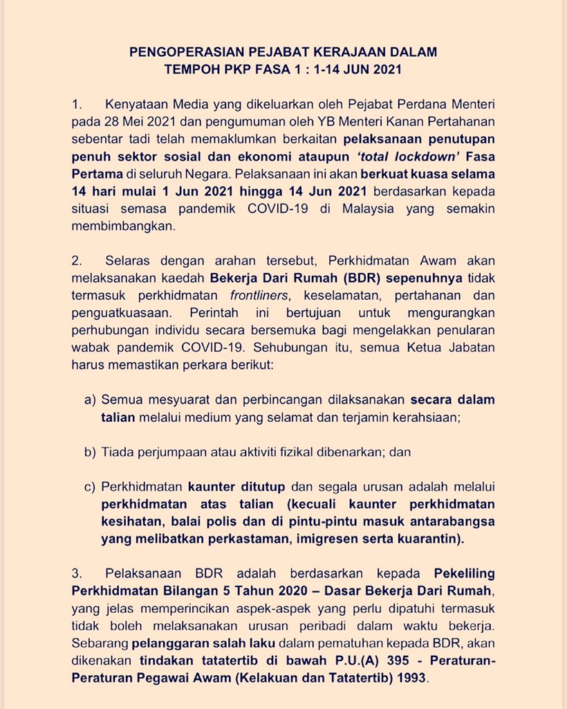 relamalaysia's tweet photo. PENGOPERASIAN PEJABAT KERAJAAN DALAM TEMPOH PKP Fasa 1 : 1 sehingga 14 Jun 2021
@KDNPUTRAJAYA @dhzhamzah @IsmailSaid087 @wandahlan @yahyakgc @SazaliZin https://t.co/OKYuB9PTtj