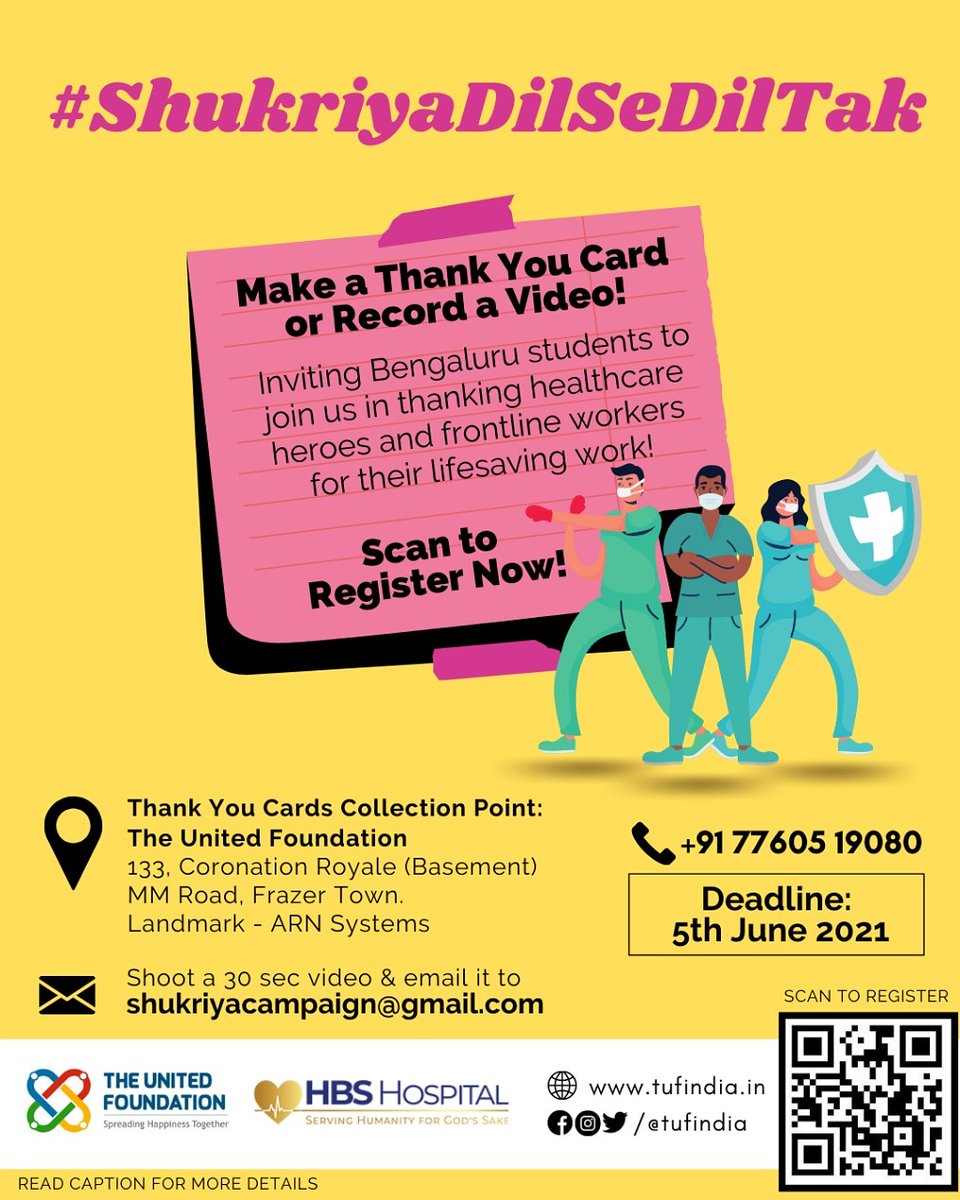 HBSHospitalblr's tweet photo. #ShukriyaDilSeDilTak

An initiative by @TUFIndia and @HBSHospitalblr

Say a #thankyou to all the #frontlinewarriors. Join us to express your gratitude for their lifesaving services 🌈

Scan to register or use the link: https://t.co/MAmeAOIYnb
#JoinUs now! https://t.co/Ow4wT2Kes1